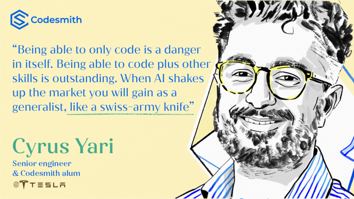 codesmith_'s tweet image. Codesmith alum &amp;amp; Tesla Sr. Software Engineer @cyrusyari sat down with us to chat about his journey into tech, the power of practice &amp;amp; the qualities of a modern software engineer. Read it on the Codesmith blog!

hubs.ly/Q02CSDK10

#softwareengineer #Tesla #Codesmith #coding