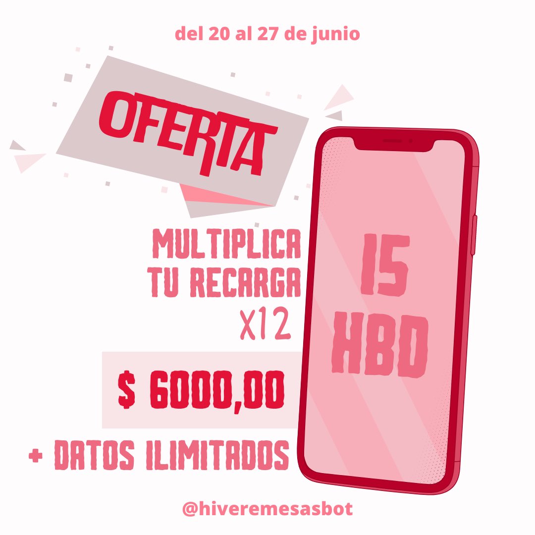 [Oferta] 📲

Del 20 al 27 de junio, HiveRemesas te ofrece esta súper oferta. 

Por 15 HBD recibes: 

▪️6000 CUP de saldo móvil 
▪️datos ilimitados de 12am-7am

Adquiere este servicio a través de la opción ⭐️ Recargas en Promoción ⭐️ dentro de nuestro bot de Telegram.