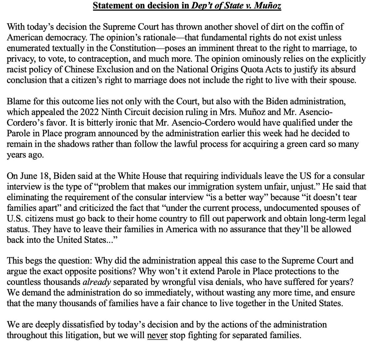 EricLeeAtty's tweet image. My statement on today's decision in Department of State v. Muñoz, having litigated this case for nearly a decade.