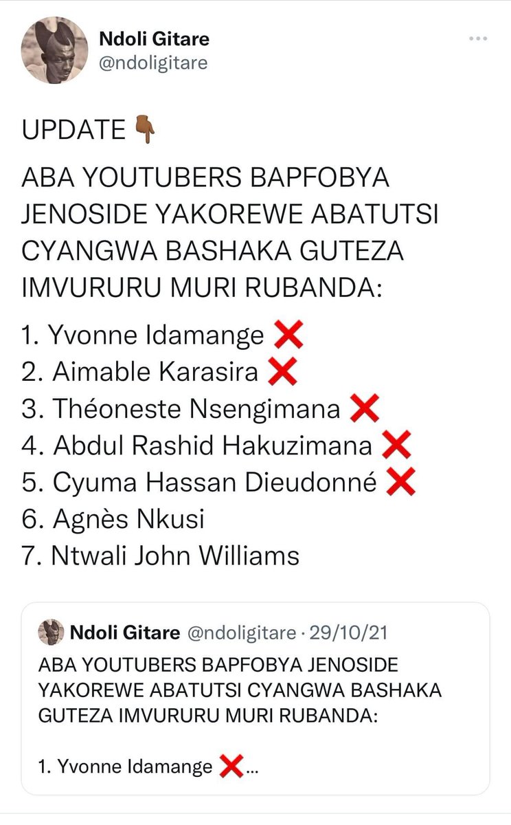 ruhumuza's tweet photo. La journaliste rwandaise Agnès Uwimana Nkusi, annonce avoir fui dans un pays voisin où elle est en danger. Elle demande l’aide et la protection internationales. @CPJAfrica @RSF_Africa @amnesty @hrw_fr @Le_HCR @ACAT_France . 

Comme pratiquement tous les journalistes rwandais, elle a par le passé été emprisonnée et ce durant 5 ans.

En novembre 2021, elle a été mise par Olivier Nduhungirehe, le nouveau ministre des affaires étrangères du Rwanda sur une liste de 7 journalistes et youtubeurs à neutraliser. 

5 d’entre eux, marqués d’une croix rouge ❌ dans le tweet sont en prison depuis sans avoir jamais été jugés pour une grande partie d’entre eux. 

John Williams Ntwali, l’un des deux seuls avec Agnès Nkusi qui était en liberté au moment du tweet a été assassiné en janvier 2023. 

Agnès Nkusi était la seule au moment du tweet qui était encore en vie ou en liberté. 

Elle annonce avoir fui le pays après avoir été menacée le 3/05/2024/.