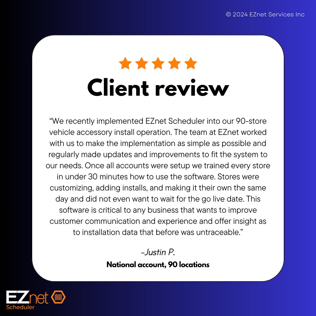 Scheduler_EZnet's tweet image. Efficiency at scale: See how EZnet Scheduler helped facilitate scheduling for a national account with 90 Locations

Discover how EZnet Scheduler streamlined operations and enhanced productivity for a large national account. 

#Testimonial #ClientSuccess #EZnetScheduler
