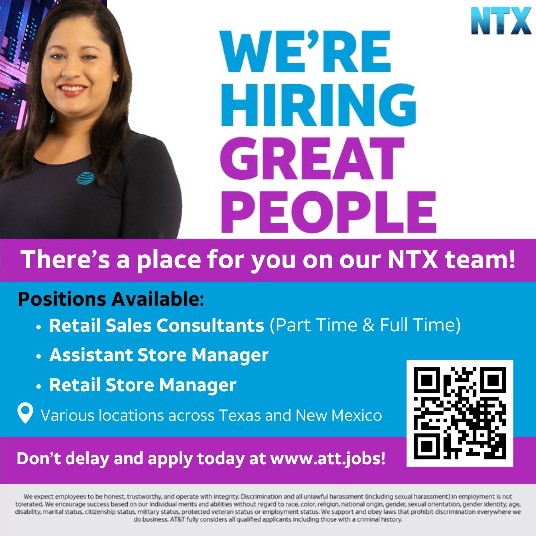 The NTX Market (@ntx_market) on Twitter photo We are looking for great people to join the NTX family! We have multiple positions in Retail available. If you or someone you know is interested, please apply at att.jobs today!
<a href="/colehamer/">cole hamer</a> <a href="/CC034E/">Cory Cullers</a> <a href="/Liz_Arch1/">Liz Archuleta</a> <a href="/LillardDerick/">Derick Lillard</a> <a href="/dbustamante1210/">David Bustamante</a> <a href="/LynetteMAguilar/">Lynette Aguilar</a> We are looking for great people to join the NTX family! We have multiple positions in Retail available. If you or someone you know is interested, please apply at att.jobs today!
<a href="/colehamer/">cole hamer</a> <a href="/CC034E/">Cory Cullers</a> <a href="/Liz_Arch1/">Liz Archuleta</a> <a href="/LillardDerick/">Derick Lillard</a> <a href="/dbustamante1210/">David Bustamante</a> <a href="/LynetteMAguilar/">Lynette Aguilar</a>