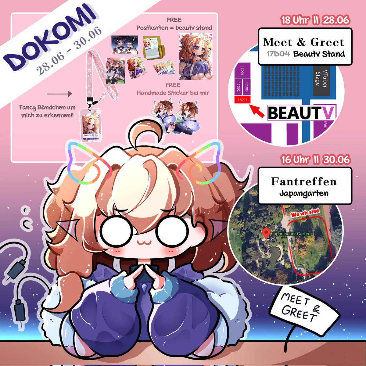 #DOKOMI INFOBLATT!! 📢 
♡ - Freitag, 18 Uhr Meet &amp; Greet bei @/BEAUTV 💕
♡ - Sonntag, 16 Uhr Fantreffen zusammen mit @/KakaoChanx im Japangarten 🌻
+ Free stuff von mir entweder direkt bei mir oder BeautV stand // 17D04