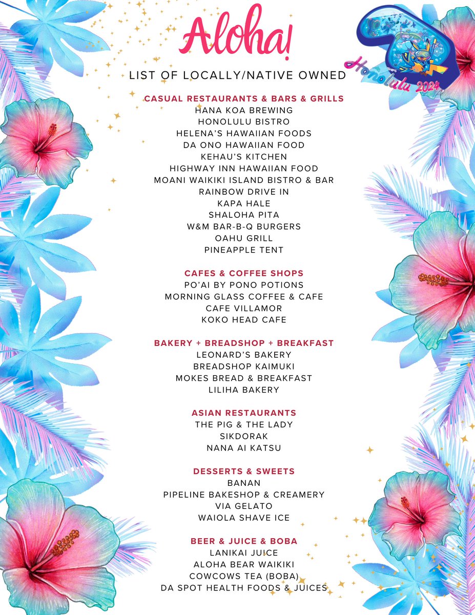🚨PEOPLE GOING TO HAWAI'I🚨

This is for people going to Pokémon Worlds in Honolulu!

So I created a simple list for locally and/or native Hawaiian-owned food places. This is just my list I made. There's probably more, but this can be a starter list if you will.
🙂🌺🐚