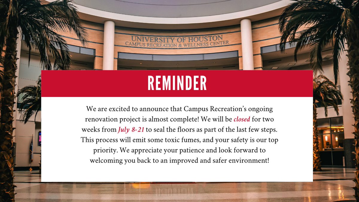 Just a quick reminder of our upcoming closure July 8-21 to seal the floors as part of the last few steps of our renovation project. Your safety is our top priority and due to the toxic fumes of the floor sealant, we will be closed for the duration. Thank your for your patience.