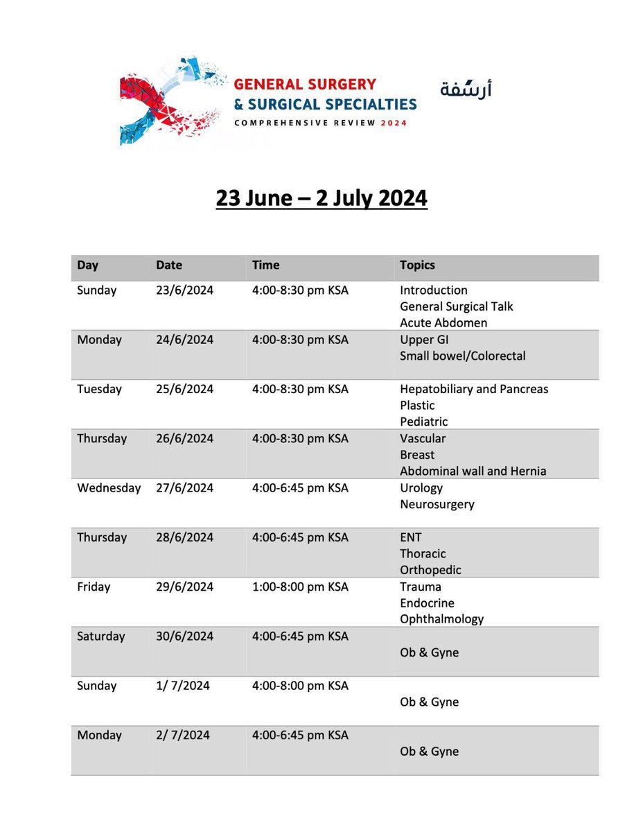 ذاكر بذكاء وجهد أقل لاختبار الـ SMLE 👌
باقي يومان فقط على بداية كورس.. 

- شامل جميع التخصصات الجراحية في ١٠ أيام مع 
 ٨ استشاريين متخصصين 

🟡 خصم ٢٠٪ مع كود MNEMONICS 🟡

arshfa.net/courses/genera…

يمكنك الدفع بالتقسيط عن طريق تمارا ليصبح بـ ١٧١ ريال فقط