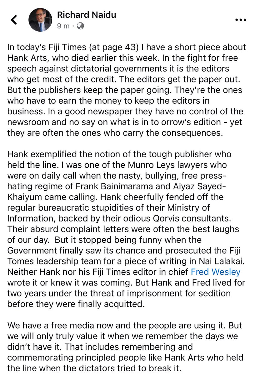 RichardKNaidu's tweet photo. In today’s @fijitimes, my short piece on the late Hank Arts, its publisher in some of its darkest days, fending off the nasty, bullying, free press-hating government of Frank Bainimarama and Aiyaz Sayed-Khaiyum. If we value media freedom we must also value those who defended it. https://t.co/REbKRoJse3