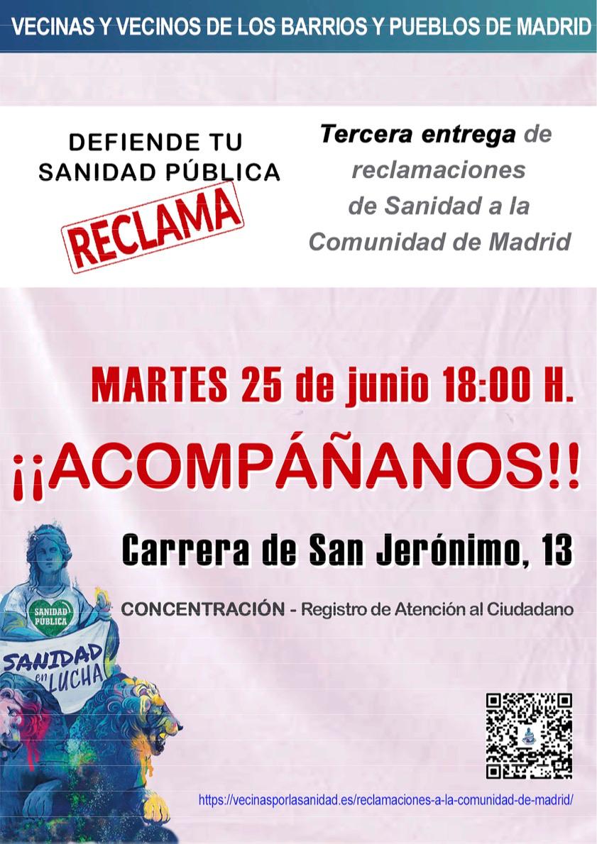 VecinasSanidad's tweet photo. El martes 25 de junio a las 18h entregaremos la tercera tanda de otras miles de reclamaciones de Sanidad en el Registro de Atención al Ciudadano de la Comunidad Madrid en la Carrera de San Jerónimo, 13

¡¡ACOMPÁÑANOS!!

#ReclamaSanidadPública https://t.co/AmU4MU7QKi