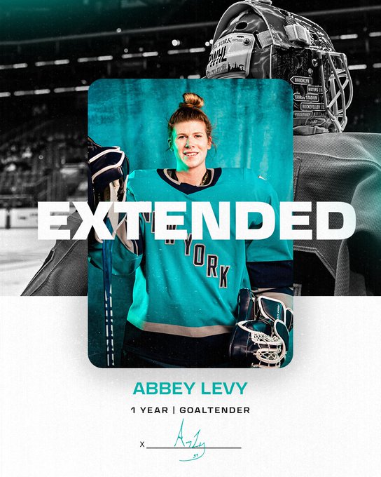 PWHL New York extended graphic. It features a cut out of Abbey Levy, her name, position and term length. It reads: 
“Abbey Levy | 1 year | goaltender