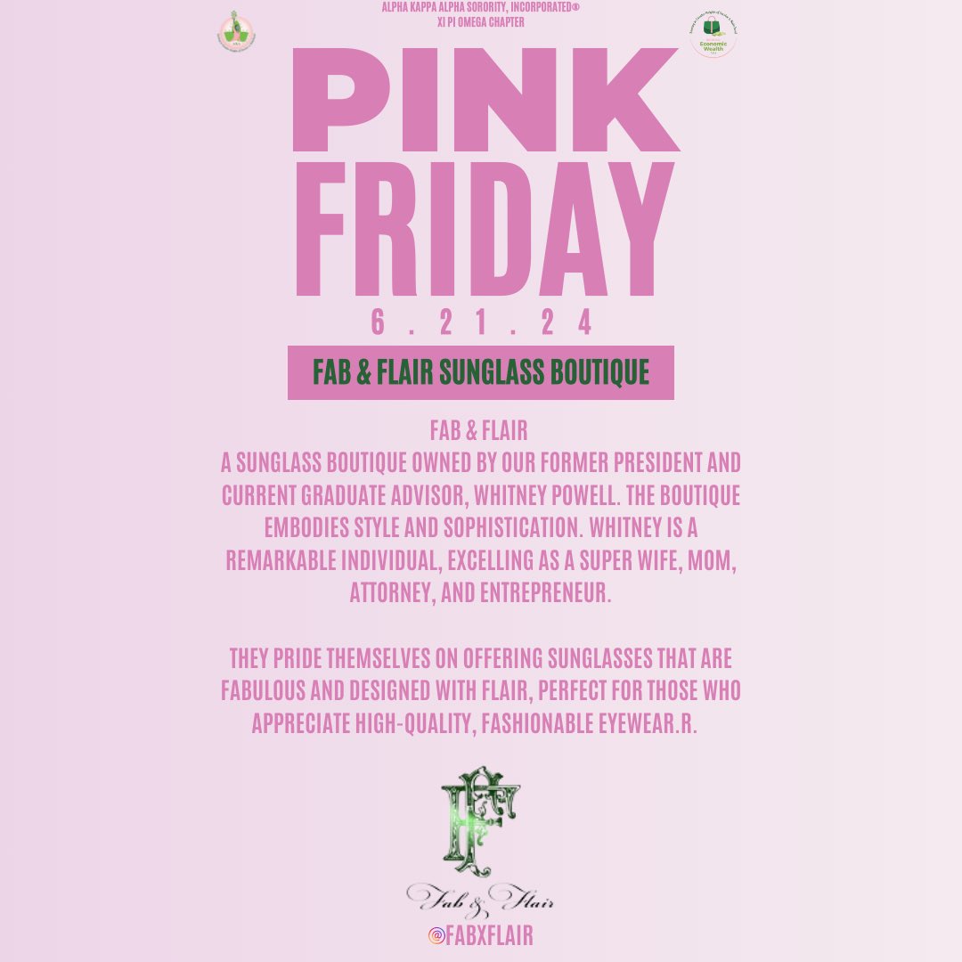 XiPiOmegaAKA's tweet photo. Happy Pink Friday from Alpha Kappa Alpha Sorority, Incorporated®, Xi Pi Omega Chapter! Today, we’re spotlighting businesses owned by our amazing chapter members:
1. @fabxflair
2.@uneekboutiquebydee
3.@letsfleamingle
4.  @TheEmpressTrap https://t.co/RkSjBj1X63