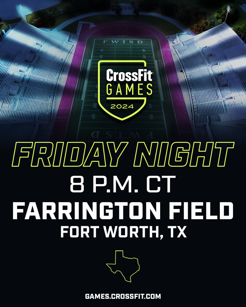 CrossFitGames's tweet image. There’s nothing like Friday Night Lights in Texas. 

These CrossFit Games events will be open to the public. 
See you in Fort Worth. 

August 8-11
Games.CrossFit.com