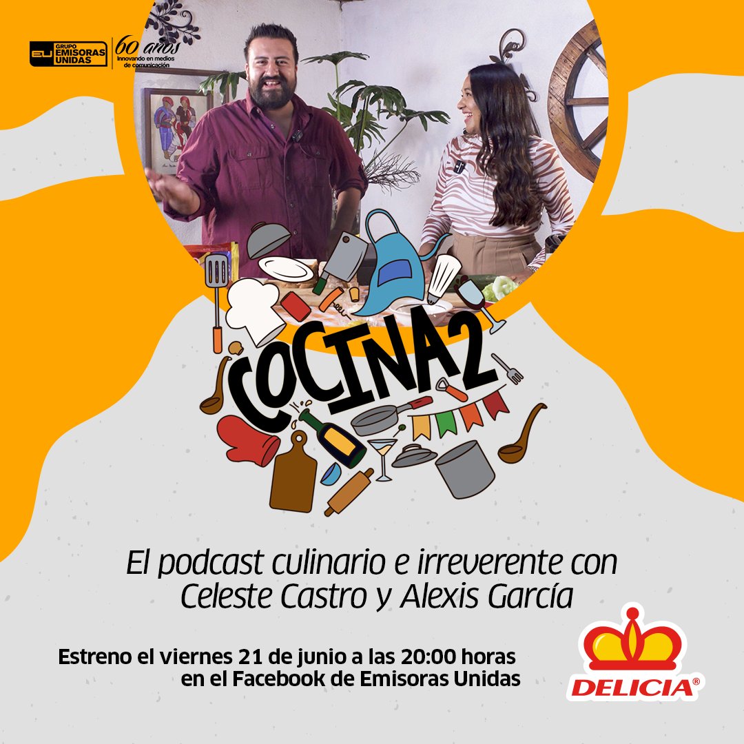 EmisorasUnidas's tweet image. #VIDEOPODCAST ¡COCINA2! El podcast culinario e irreverente de Celeste Castro y Alexis García con el que te enteras de todo y con recetas exprés, fáciles y con mucha creatividad. 👩‍🍳👨‍🍳😅

¡No te pierdas la transmisión este viernes 21 de junio, a las 20:00 horas! 📲💛

Patrocinado