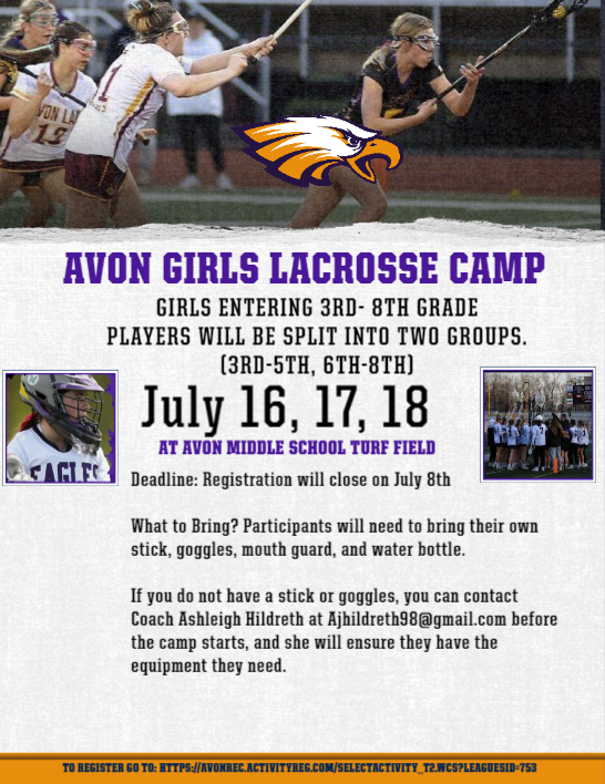 Avon Girls Lacrosse Camp

 This is an amazing opportunity to increase skills or give lacrosse a try! 

Sign up for Avon Girls Lacrosse Camp Today. July 16, 17 and 18 at Avon Middle School from 9am to 11 am . 

Space is Limited! To register go to: avonrec.activityreg.com/selectactivity…