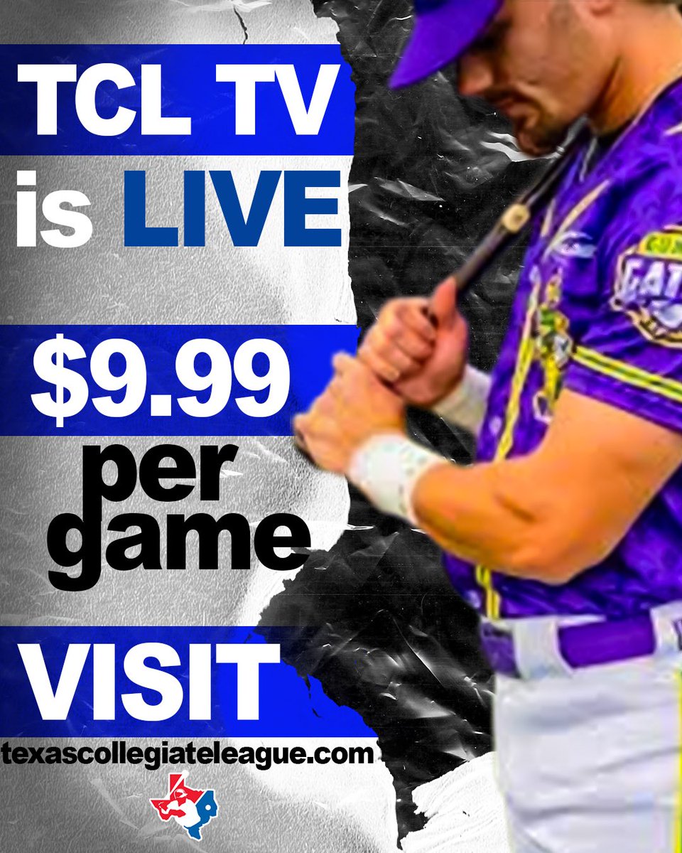 TCLBaseball's tweet image. Tune in tonight at 7! ⚾️ TCL TV is LIVE! Watch Texas Collegiate League games for $9.99 per game. 
Visit 👉🏻texascollegiateleague.com. 
#TCLTV #Baseball #LiveSports