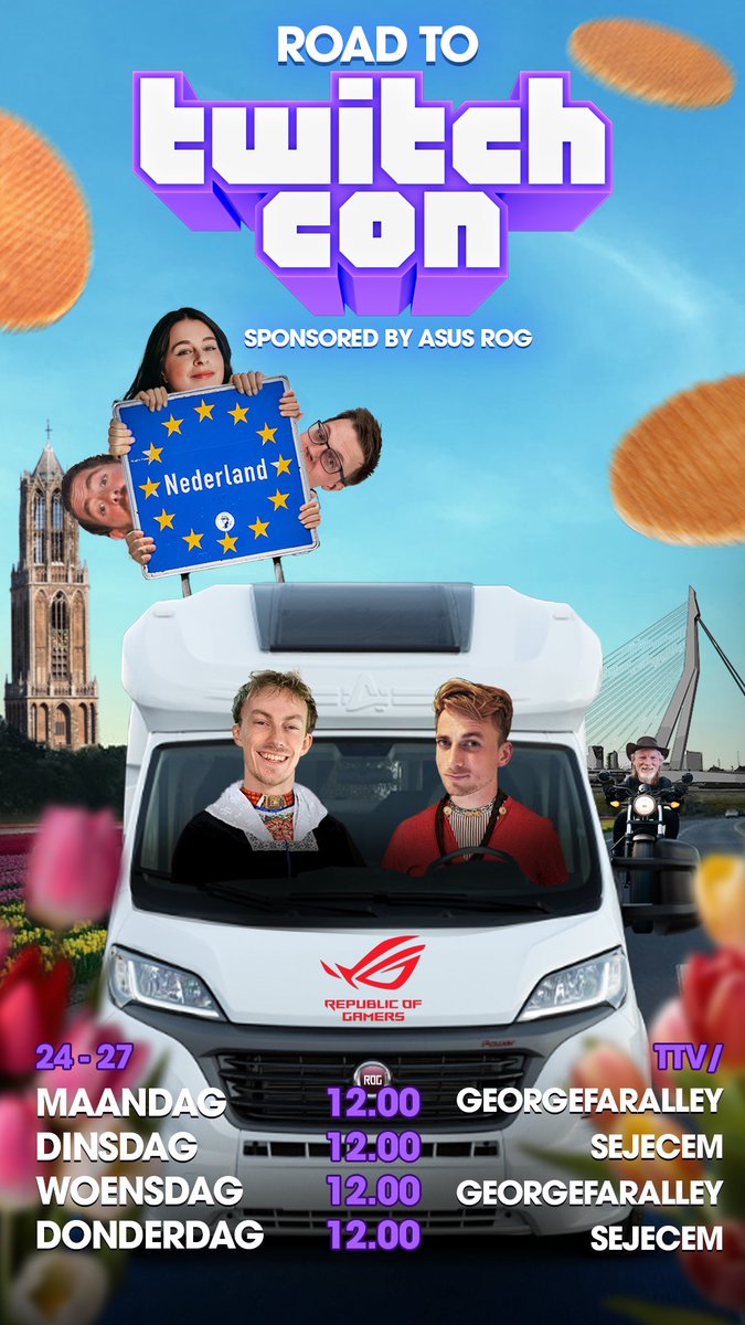 Ik en <a href="/GeorgeFaralley/">GeorgeFaralley</a> pakken de camper er weer bij en maken een tour door Nederland! 

Elke dag komt er een andere gast langs en gaan we leuke dingen doen. 

En in het speciaal mogen we Twitch CEO Dan Clancy meenemen! 

Mis dat niet! 

Live vanaf maandag!