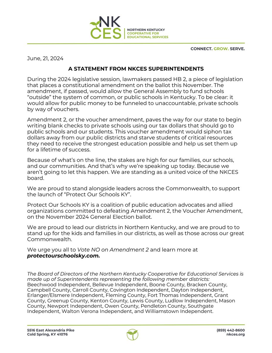 A statement from NKCES superintendents regarding Amendment 2. 
#ConnectGrowServe #ProtectOurSchoolsKY