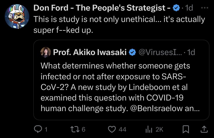 ayihours's tweet image. This thread by Prof. Iwasaki has some in confusion about the ethics involving exposing human volunteers to a virus like SARS-CoV-2 (COVID-19). I was also curious about it, so I used all of Thursday night to do the actual reading for everybody 🤓
Let’s get into it 🧵(1/)