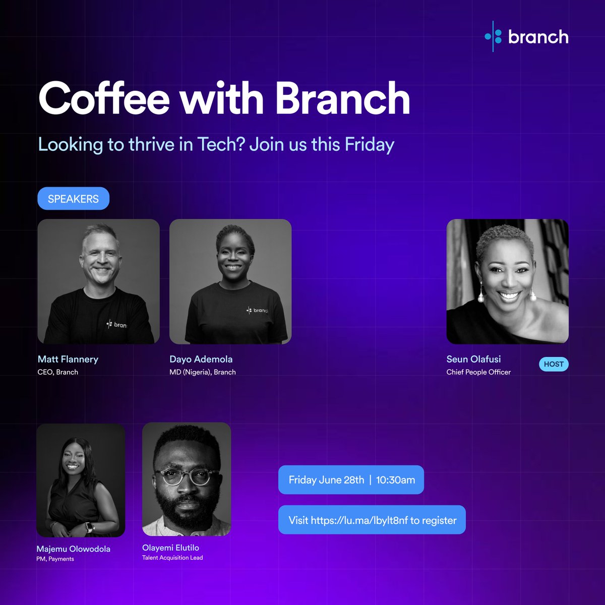 branch_ng's tweet photo. Calling all tech enthusiasts!  
Join us for the inaugural Coffee with Branch meetup.  

Network with Branch leaders including our CEO/Co-Founder,@mattflannery; Managing Director (Nigeria), Dayo Odulate-Ademola; and Chief People Officer, Seun Olafusi to gain insights on building a successful tech career.  

The event is in person, and the location will be shared with attendees.   

Click to register: https://t.co/wDg1xE5Z8i #FintechInnovation #TechCareers