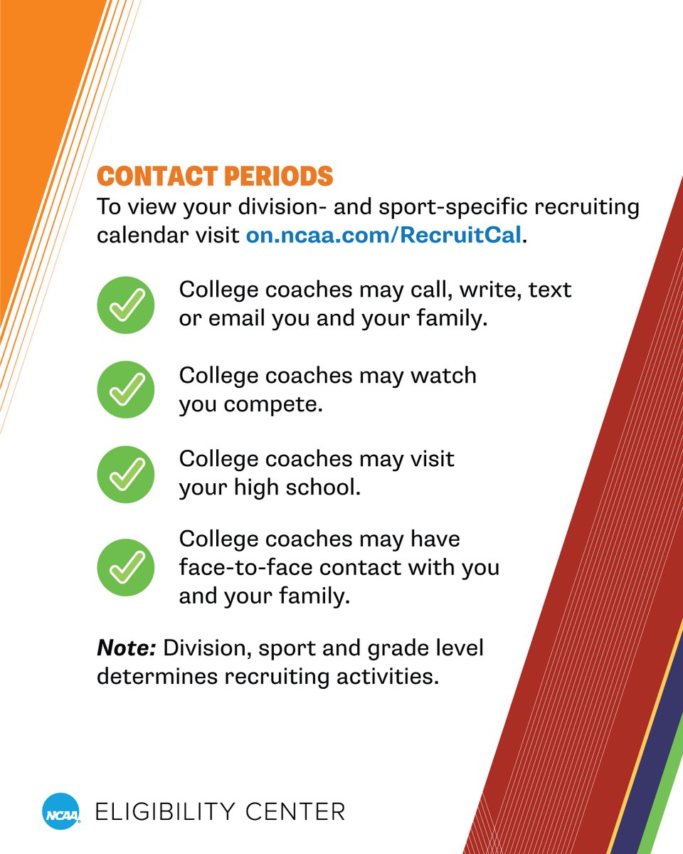 What can happen during contact periods? Review your <a href="/NCAA/">NCAA</a> division- and sport-specific recruiting calendar.

🔗 on.ncaa.com/RecruitingCal