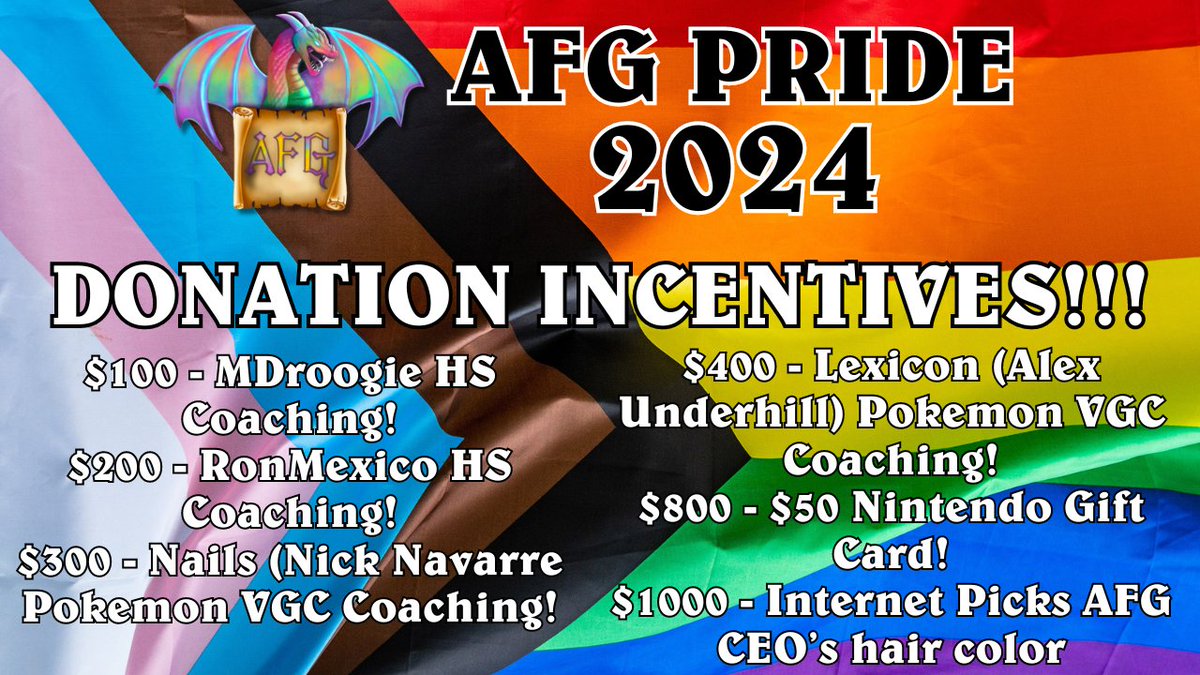 AFlightGaming's tweet image. AFG's BIGGEST initiative yet is LIVE! Join the AFG PRIDE 2024 fundraiser event now to end of June for streams, tournaments, games, giveaways, prizes, and fun to raise money for @TrevorProject 

Goal is $1000 and AFG will match up to $800!! Find more tiltify.com/@amber-flight-…