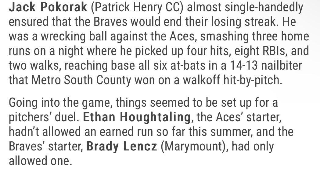 Stars alum <a href="/pokorak11/">Jack_Pokorak11</a> dominated last night for the <a href="/SoCoBraves/">Metropolitan (South County) Braves</a>, going 4-for-4 with 8 RBIs, 3 home runs, and a double! 💥⚾🔥.

He's currently tied for the league lead in home runs with 4.

<a href="/colangelobasbll/">colangelobaseball</a> <a href="/CalRipkenLeague/">Cal Ripken Sr. Collegiate Baseball League</a> 

#collegiatesummerleague