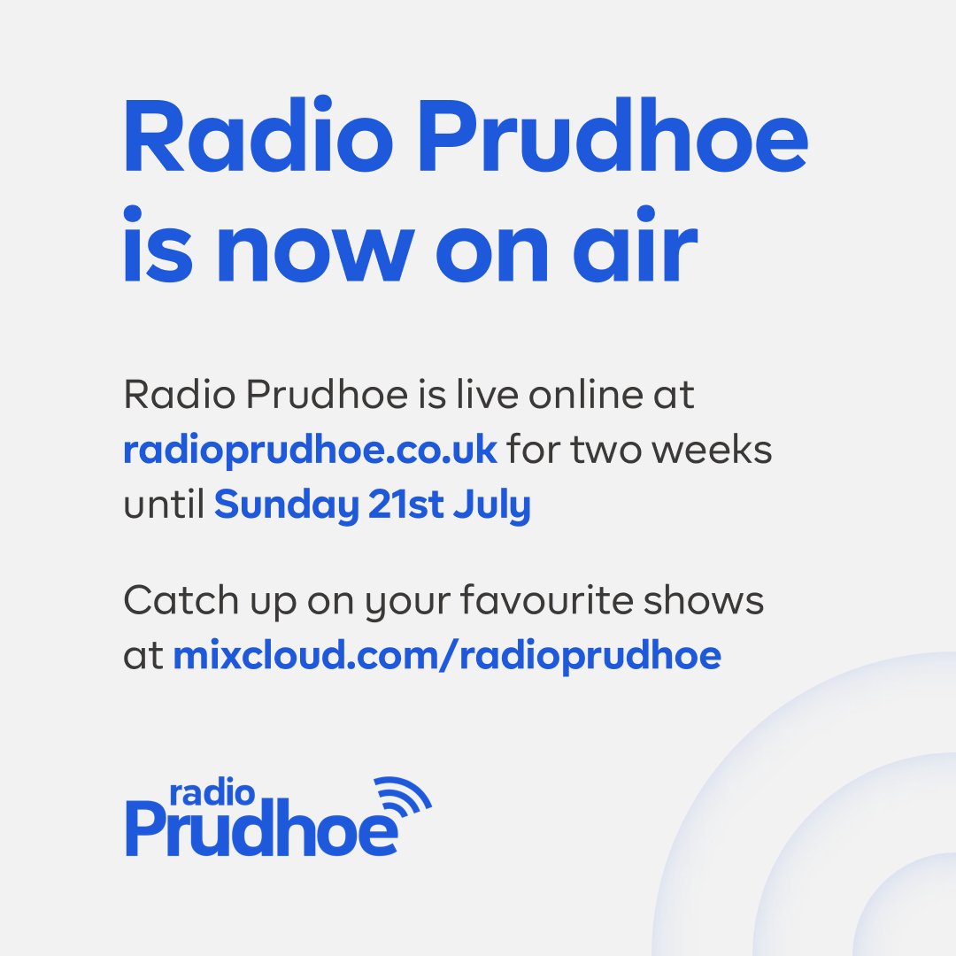 Today's the day! Radio Prudhoe is now ON AIR!

Tune in live online at radioprudhoe.co.uk, on your smart speaker, or via the TuneIn app, and catch up on your favourite shows at mixcloud.com/RadioPrudhoe.