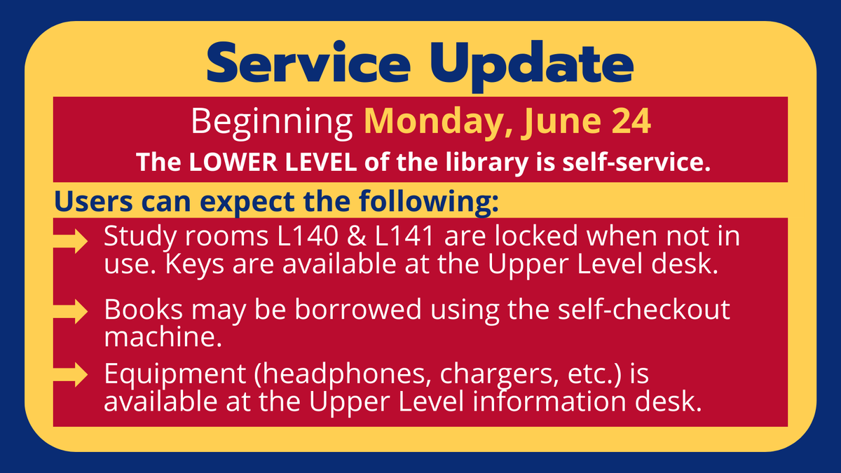 ATTN Lakers: Starting Monday 6/24, the Lower Level of the Library will transition to a self-service model. Users will need to visit the Upper Level for a few select resources and services, but most remain accessible as usual during operating hours. #ClaytonState