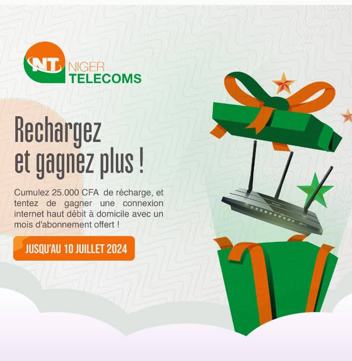 MahamaneMourt14's tweet photo. *Du 21 juin au 9 juillet, rechargez 25.000* par carte ou par recharge électronique et tenter de gagner *une connexion internet haut débit à domicile avec un abonnement d’un mois offert.* Service clientèle 555 https://t.co/ARCqrdVgKm
