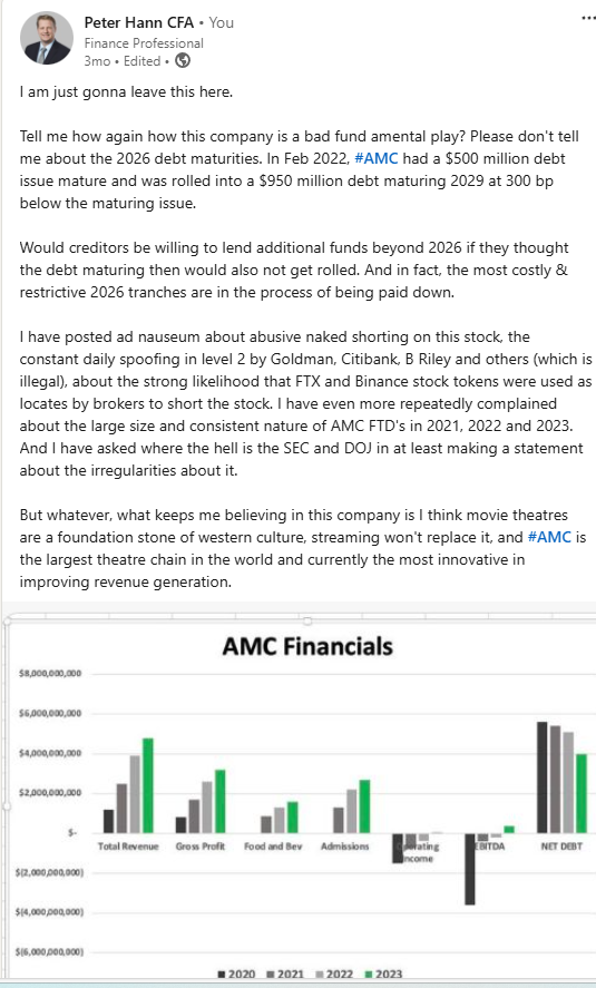 PeterRHann1's tweet photo. #AMC 2026 Debt. A tale of two posts. 

It was only 3 months ago, seems longer, that I posted on Linkedin that the #AMC 2026 debt would get taken care off, either paid off or rolled.

For that post, idiots like SugarShush and short sub contractors once again attacked me. Someone on #AMCStock on Redditt called me a Goldbug Lunatic in trying to dismiss my view.

Yeah...how is gold doing since?

And since then, #AMC paid down yet more of that debt and is now negotiating extensions to the remaining 2026 debt, likely at better rates.

Jeez, imagine that. I do know what I talk about (sometimes at least).