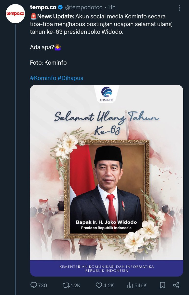 .
.
Menkominfo ada masala apasi sama Bossnya ??! wkwkwkwkwk

Kemaren bikin Medsos ELAELO yang kalo diplesetin jadi pELAnga-pELOngo

Skarang bikin ucapan Ulang Tahun buat Bossnya dah mirip Ucapan Duka Cita
Ngarebin Bossnya Mokat ya ??!!

🤣😂🤣😂🤣😂🤣
.
.