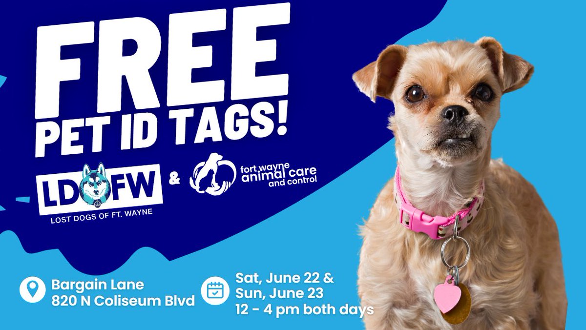 FWAnimalControl's tweet image. This weekend, visit Bargain Lane located at 820 N Coliseum Blvd from noon to 4 pm to get your FREE personalized pet ID tags! 🐾 

#lostpetprevention