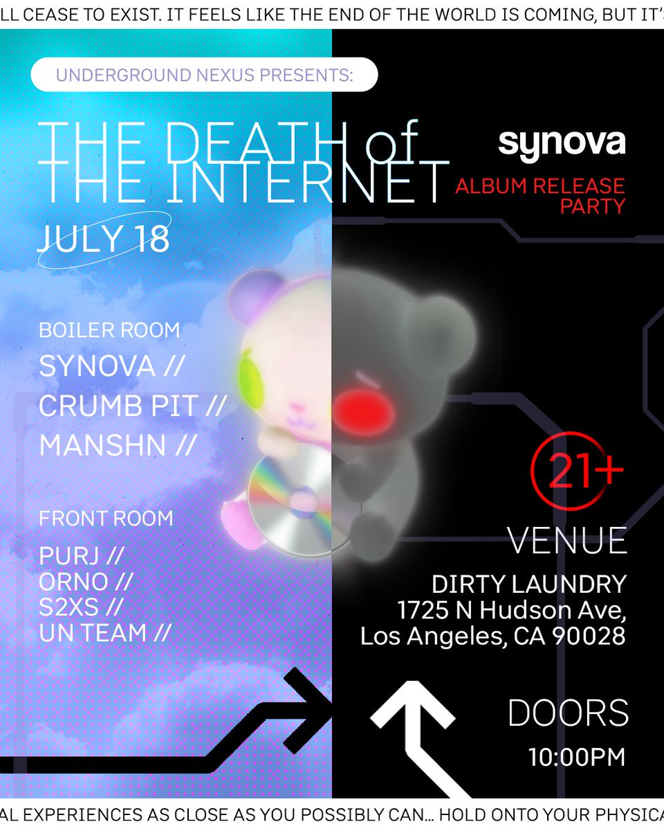 ANNOUNCEMENT #1

on july 18th i am playing the <a href="/Synovamusic/">Synova</a> release party at dirty laundry in LA! so excited to be supporting one of my dearest friends alongside some of my favorite people/djs <3 will add the rsvp in the replies!!