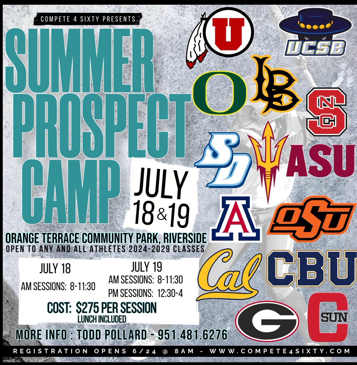 ToddPollard8's tweet photo. 🚨Summer Prospect Camp🚨

 So Cal’s best camp is back!

🗓️ July 18
📍Riverside, CA
⏰ 8:00-11:30am
✅ 1 Session ONLY (2 Fields)

🗓️ July 19
📍 Riverside, CA
⏰ 8:00-11:30 am
⏰ 12:30-4:00 pm
✅ 2 Sessions (2 fields)

🗣️ Registration opens 6/24!

🔗 https://t.co/59pwBmyRj9 https://t.co/FPyHaDkjiw