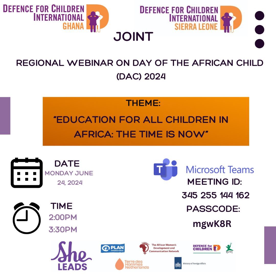 SHE LEADS Sierra Leone (@leone_she) on Twitter photo SAVE THE DATE
Webinar on the Day of the African Child
We are excited to invite you to join us on Monday for our regional Webinar in commemoration of the #DAC2024 on the topic ‘Education for all Children in Africa; the time is NOW’ <a href="/dci_sierraleone/">Defence For Children Sierra Leone</a> <a href="/Plan_SLE/">Plan International Sierra Leone</a> <a href="/womensforumsle/">Womensforumsierraleone</a> SAVE THE DATE
Webinar on the Day of the African Child
We are excited to invite you to join us on Monday for our regional Webinar in commemoration of the #DAC2024 on the topic ‘Education for all Children in Africa; the time is NOW’ <a href="/dci_sierraleone/">Defence For Children Sierra Leone</a> <a href="/Plan_SLE/">Plan International Sierra Leone</a> <a href="/womensforumsle/">Womensforumsierraleone</a>