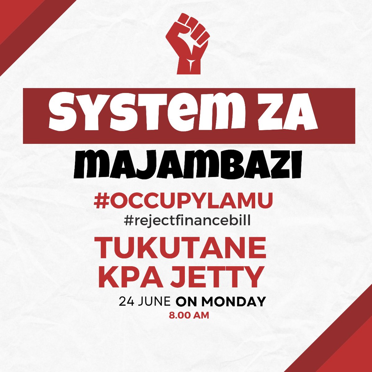 OccupyLamu's tweet photo. System za majambazi!! Let's occupy Lamu!! TUKUTANE KPA JETTY! #OccuppyParliament #occupyLamu #REJECTFİNANCEBİLL2024 https://t.co/rjvHqTF2VA