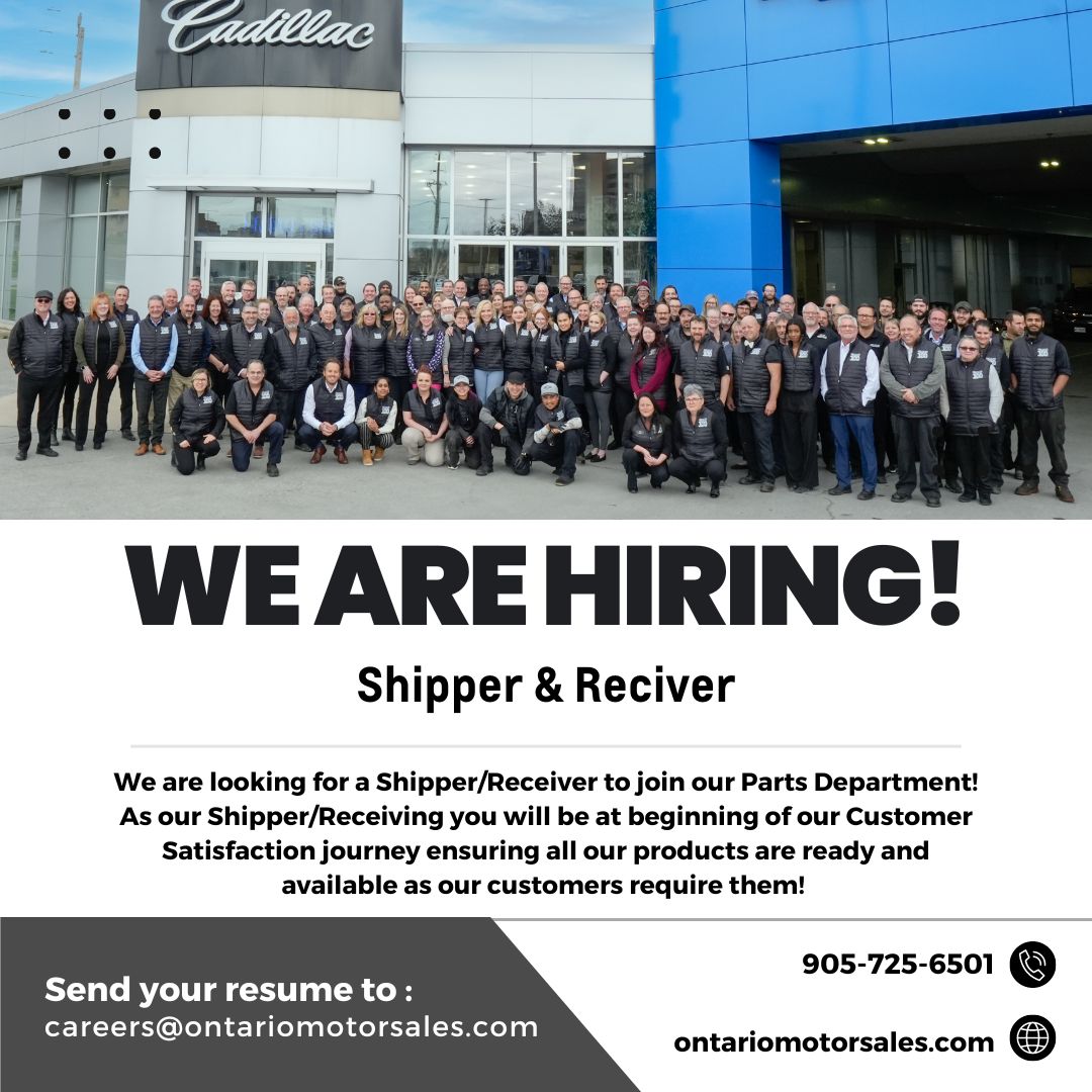 WE ARE HIRING!

Our Parts Department is looking to add a Shipper &amp; Receiver to our team. To apply, please send your resume and cover letter to careers@ontariomotorsales.com or apply online at ontariomotorsales.com