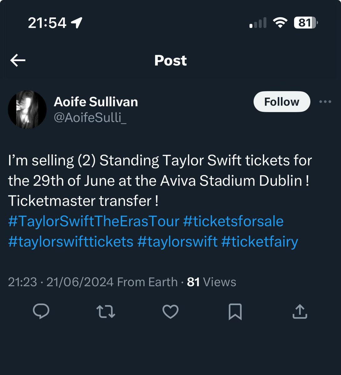 Scammer alert. She’s already caught someone for €90. Be careful using this place if you’re after concert tickets.