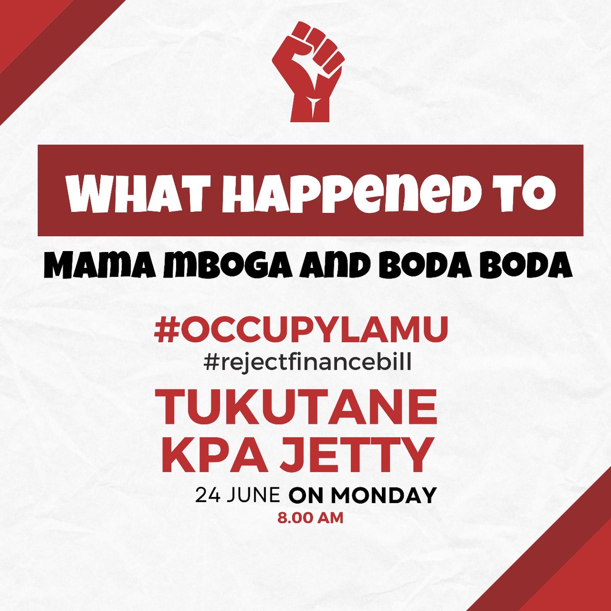 OccupyLamu's tweet photo. What happened to Mama Mboga and Boda Boda!! Reject Finance Bill! Occupy Lamu on Monday at KPA JETTY!! #OccuppyParliament #occupyLamu #OccuppyParliament https://t.co/D3lQF7ePue