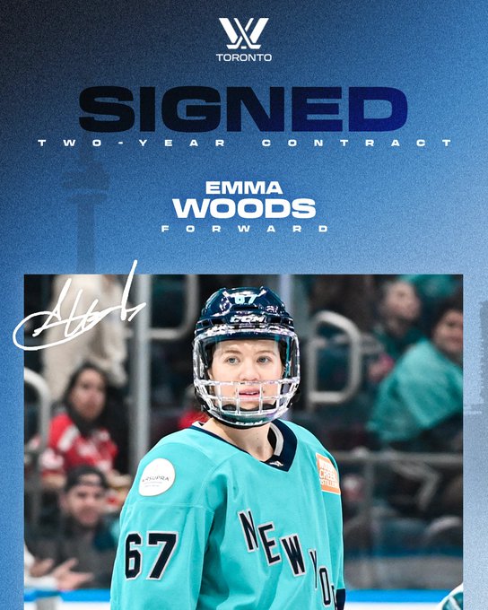 A graphic to communicate Emma Woods’ Free Agency signing with PWHL Toronto. 

The top half of the graphic has the PWHL Toronto logo and text that reads “Signed. Two-year contract. Emma Woods, Forward.”

The bottom half of the graphic has a photo of Emma Woods in a teal PWHL New York home jersey and her signature in white.

Everything is on a light blue background with a silhouette of the Toronto skyline.
