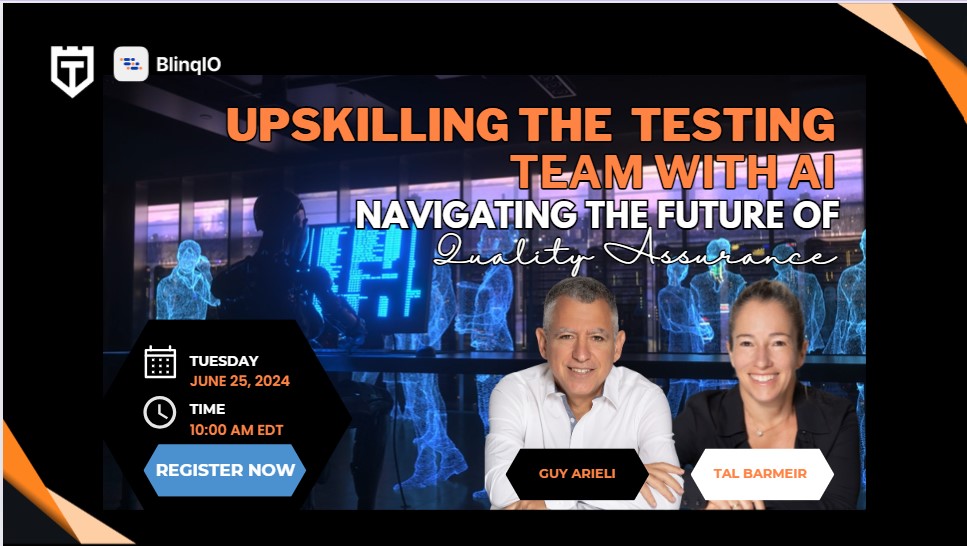 Discover how #AI is reshaping #QA in #fintech. Join <a href="/talbarmeir/">Tal Barmeir</a> &amp; <a href="/guyarieli/">Guy Arieli</a> as they discuss the integration of #AItools to improve testing efficiency &amp; #softwarequality. Gain insights on upskilling your team for the future. 👉 testguild.com/webinar-upskil… #VirtualTester <a href="/BlinqIo/">Blinq.io</a>