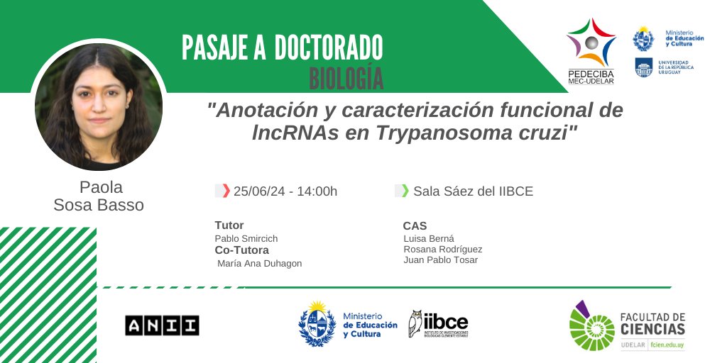 "Anotación y caracterización funcional de lncRNAs en Trypanosoma cruzi"

Pasaje a #Doctorado de la #EstudiantePEDECIBA Paola Sosa Basso

25/06 - 14h

#SomosPEDECIBA
#ConstruyendoCiencia

+info
pedeciba.edu.uy/es/defensa/ano…
