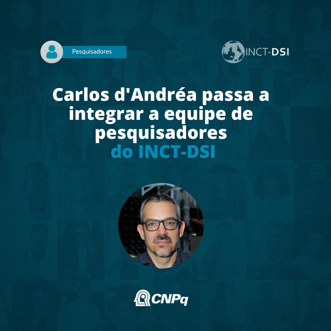 O INCT-DSI dá boas-vindas a seu novo pesquisador. O professor Carlos d'Andréa passa a integrar a equipe de pesquisadores do Instituto 👏👏

Carlos d'Andréa é professor permanente do PPGCOM/UFMG e professor associado do Departamento de Comunicação Social da UFMG. 

👇