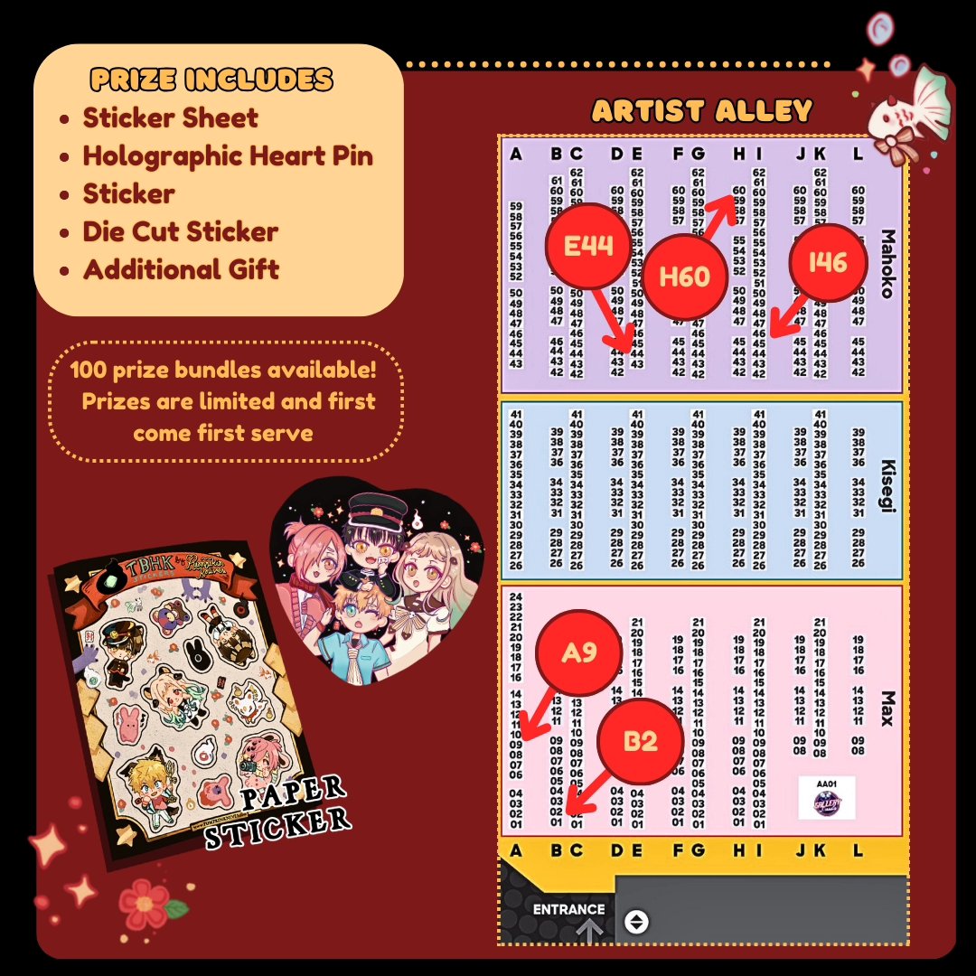 ✨️AX 2024 Toilet-Bound Hanako Kun Stamp Rally ✨️

Join us for a fun stamp rally and earn some cool prizes (‘∀’●)♡

Participating Artists:
<a href="/pumpkinknives/">pumpkinknives</a> 
<a href="/jyk_doodles/">JYK Doodles</a>
<a href="/smolmilkyways/">milky ☆</a>
<a href="/kinokurei/">ᴋɪɴᴏ🍊</a>
@pebotsu 

#AXArtistAlley2024 #AX2024 #AX2024ArtistAlley