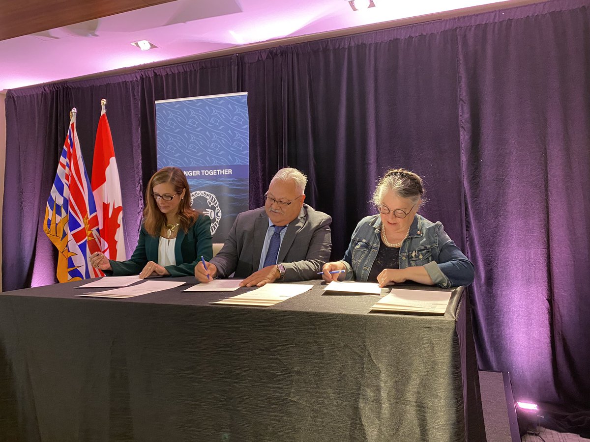 Celebrated #IndigenousPeoplesDay at Trilateral Salmon Accord signing by Parliamentary Secretary <a href="/KellyRichmondBC/">Kelly Greene</a> DFO Minister Diane Lebouthillier &amp; FNFC representative John Henderson. This accord seeks to create one salmon recovery &amp; rebuilding plan for British Columbia