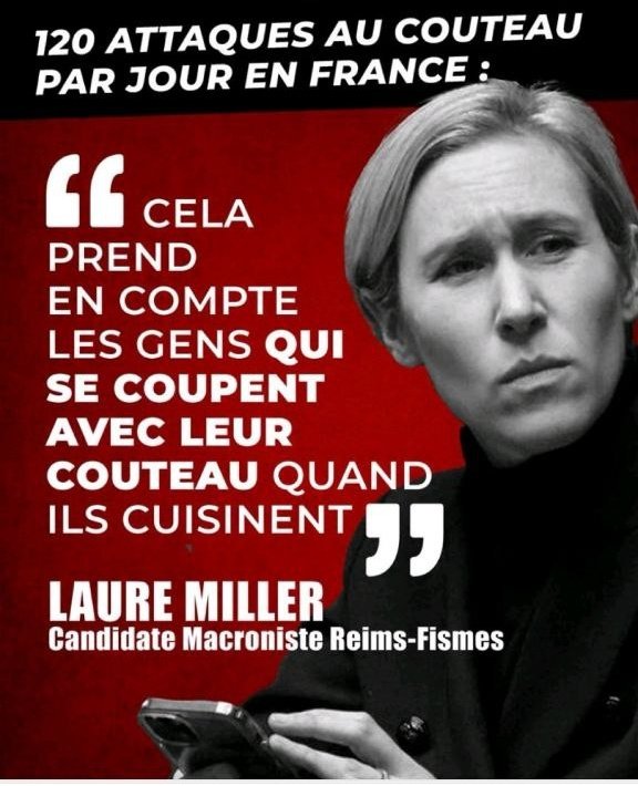 LanceurI's tweet image. #deconnecté ⚠️ Candidate de la minorité présidentielle de la 2em circo de la Marne, Laure Miller dit que les gens qui se coupent avec leur #couteau sont comptabilisés parmi les 120 attaques recensées par jour en France.
Laure ⁉️ Les mains arrachées par LBD étaient menuisiers ?