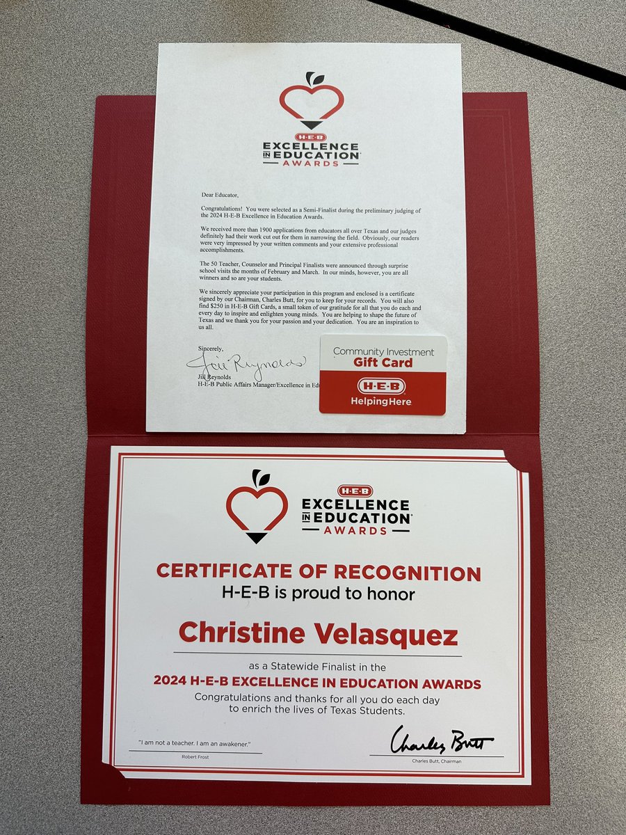 Christine Velasquez (@cvelasquezteach) on Twitter photo Thank you <a href="/HEBexcellence/">HEB Excellence in Education</a> for this wonderful award! I was pleasantly surprised when I opened this letter and saw this certificate! I am honored to have been selected as a Statewide Semi-Finalist for the HEB Excellence in Education Award! Thank you to those who nominated me ❤️🙏🏻 Thank you <a href="/HEBexcellence/">HEB Excellence in Education</a> for this wonderful award! I was pleasantly surprised when I opened this letter and saw this certificate! I am honored to have been selected as a Statewide Semi-Finalist for the HEB Excellence in Education Award! Thank you to those who nominated me ❤️🙏🏻