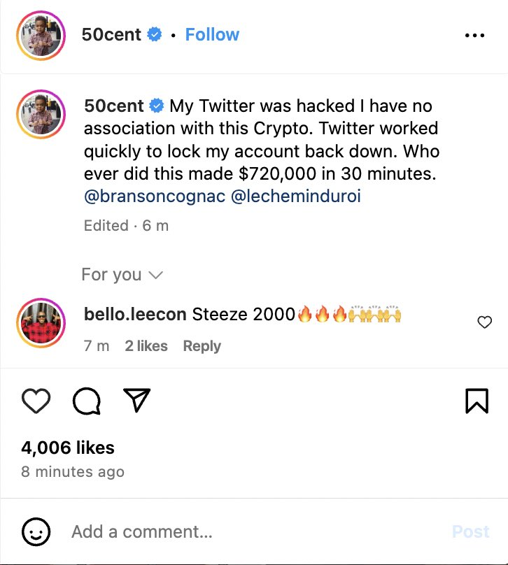 "Hacked" he said...   

what a bull cycle 😒 

even <a href="/50cent/">50cent</a> knows the amount of money that the hacker made👀