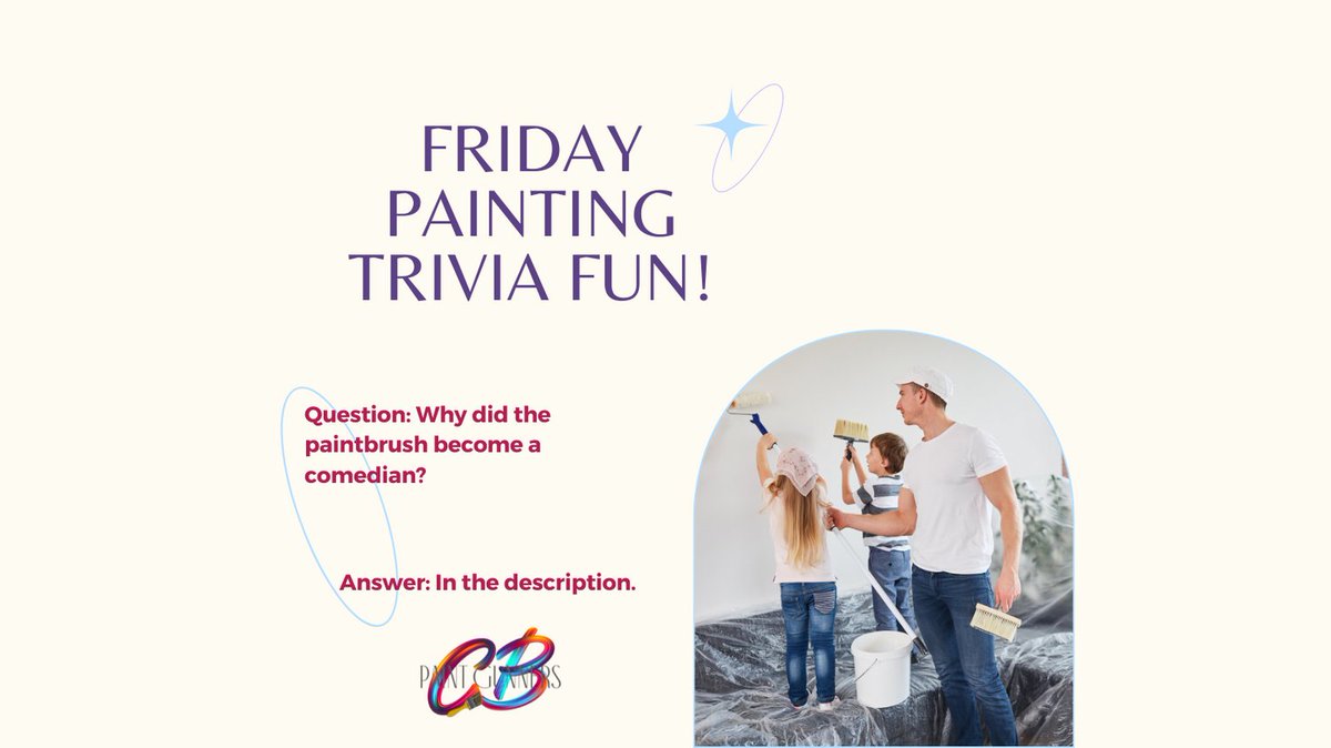 paintgunners's tweet image. 🎨🖌️ Friday Painting Trivia Fun! 🖌️🎨
Why did the paintbrush become a comedian?
Because it had a "stroke" of humor! 😂
Hope this brightened your day. Have a colorful weekend! 🌈✨
#FridayFun #ArtJokes #CreativeHumor #PaintingTrivia #KeepSmiling