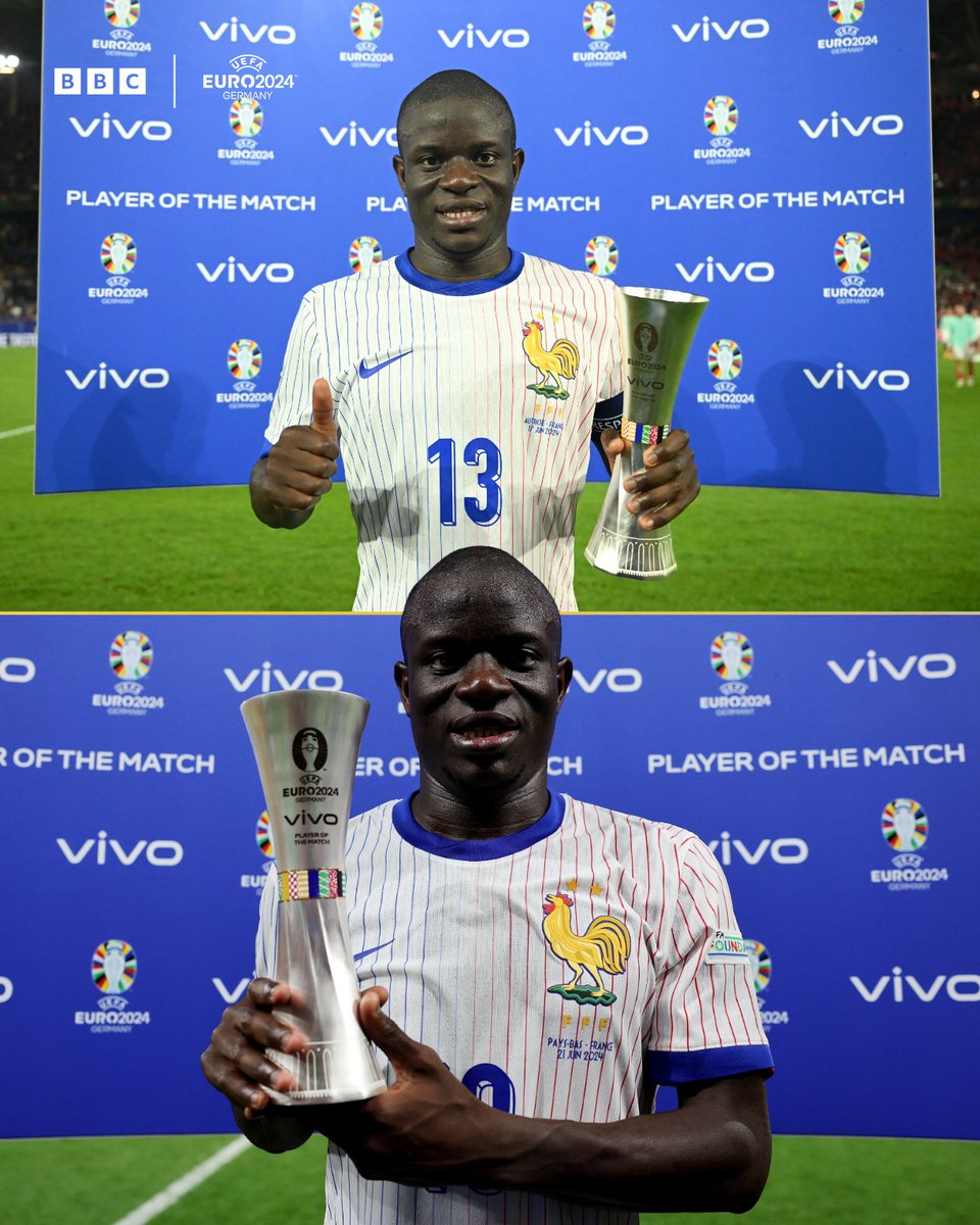 BBCMOTD's tweet image. Two games. Two player of the match awards. 

N'Golo Kante 👏

#BBCEuros #Euro2024 #NEDFRA