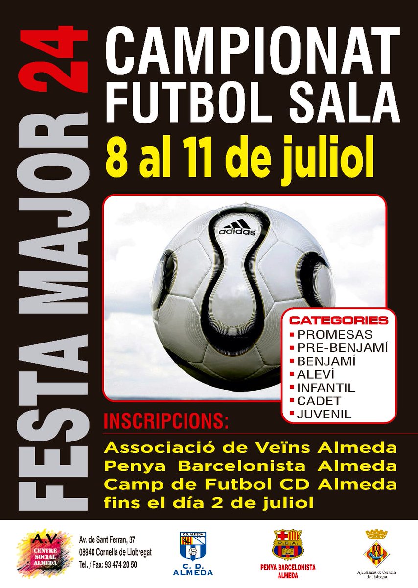 ⚽El CD Almeda colabora con las Fiestas Mayores y su campeonato de fútbol sala.

📝 Puedes inscribirte individualmente o con tu equipo en nuestras oficinas.